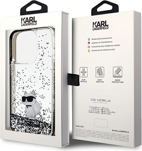 Mbështjellës Karl Lagerfeld Liquid Glitter Choupette për iPhone 14 Pro Max, Transparent, Argjendtë