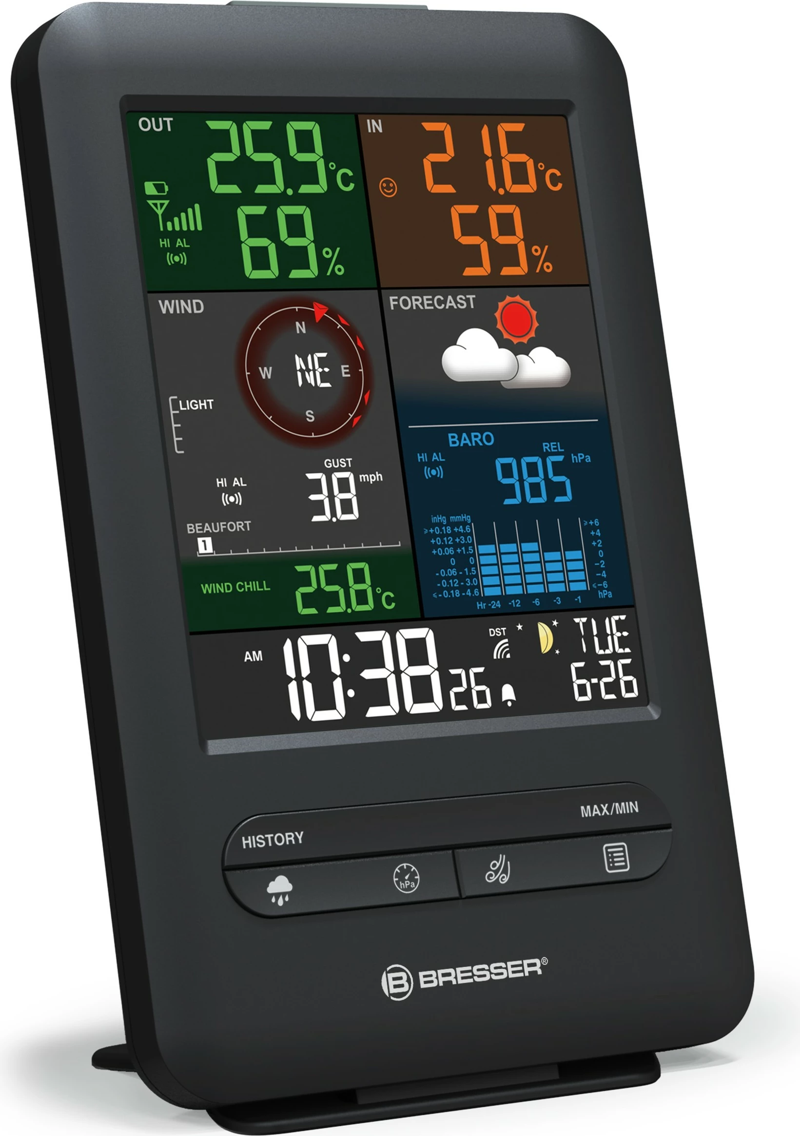 Stacion moti Bresser Wetter Center 5-in-1 Beaufort, digjital, me ekran ngjyrë