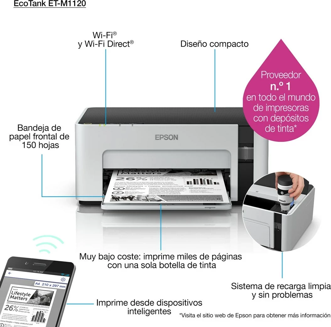 Printer Epson EcoTank M1120, Inkjet, A4, Wi-Fi, E zezë