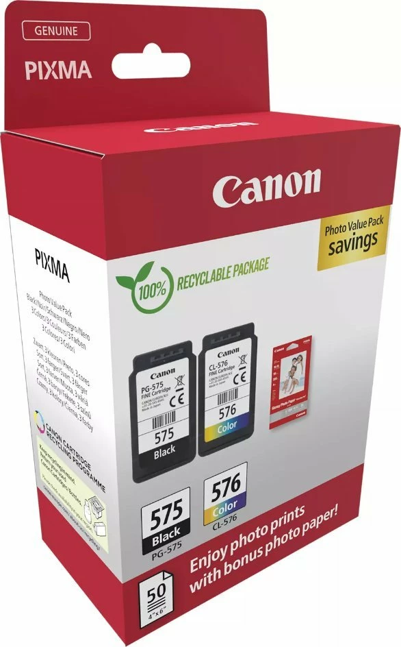 Kartrixh boje Canon PG-575 + CL-576 Photo Value Pack, originale, 2 copë + letër foto 10x15 cm 50 fletë, CMYK