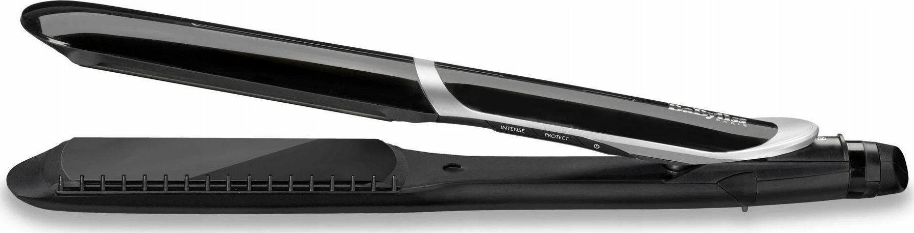 Piastrë flokësh BaByliss ST397E, pllaka të gjera 35 mm, 235°C, jonizim, 6 nivele temperature, e zezë, set me krehër të heqshëm dhe mbështetëse termike