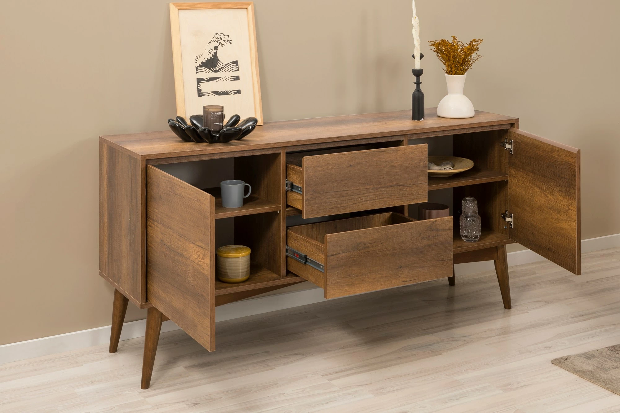 Set tavoline me karrige dhe konsolë, zgjatues, 5 pjesë, Skye Decor, Vina 02 1053, ngjyrë arre dhe antracit