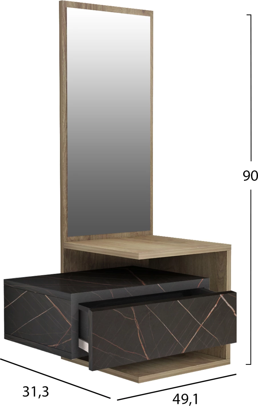 Mobilje hyrëse me pasqyrë, MEARA, FH8984.13, melaminë, ngjyrë natyrale-mermer i zi, 49,1x31,3x90H cm