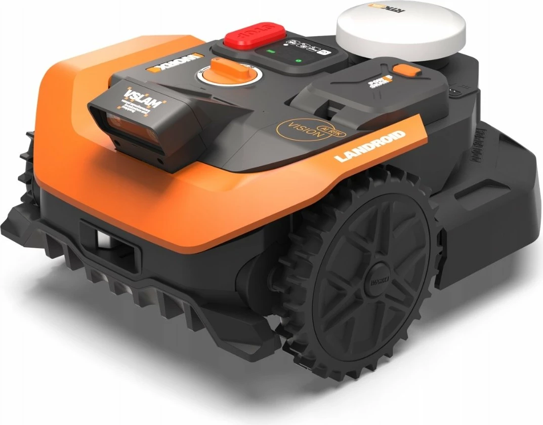 Robot kositës bari Worx Landroid Vision Cloud WR340E, 600 m², 4WD, kamerë stereo, RTK, bateri 20V 4.0Ah, zi/portokalli