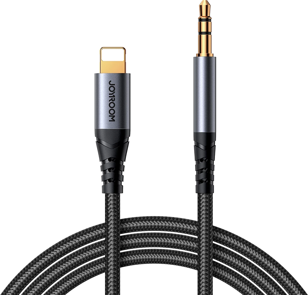 Kabllo audio 3.5 mm mini jack në Lightning, Joyroom SY-A06, 1.2 m, HiFi DAC, gërshetim najloni, e zezë