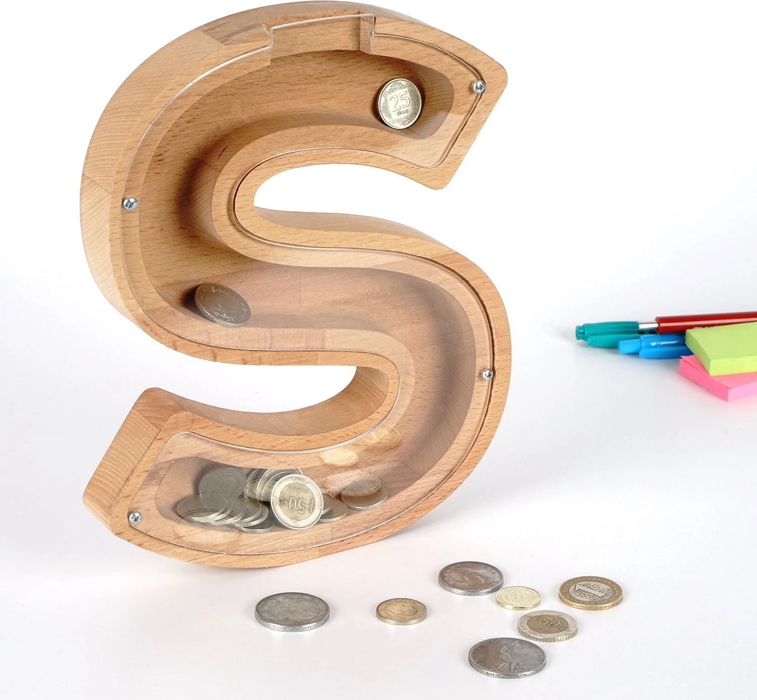 Kasafortë dekorative për monedha, kornizë druri, xham plexi, ngjyrë kafe dhe e bardhë, Evila Originals, HAKUMS, 18x23x3 cm