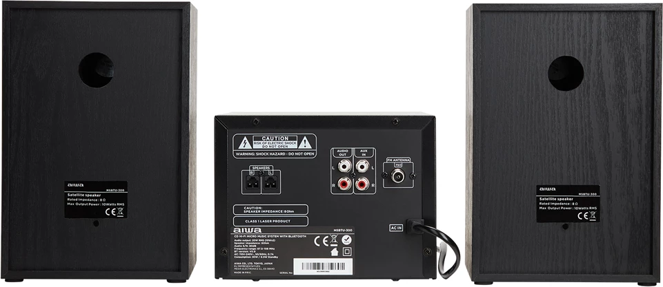 Mikrosistem Hi‑Fi Aiwa MSBTU-300, Bluetooth 4.2, CD/USB/FM, 2x10 W, e zezë, set me 2 altoparlantë