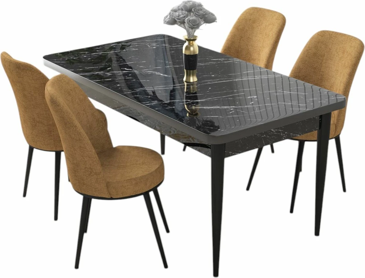 Tavolinë me karrige, 5 copë, Skye Decor, mermer i zi, kapuçino