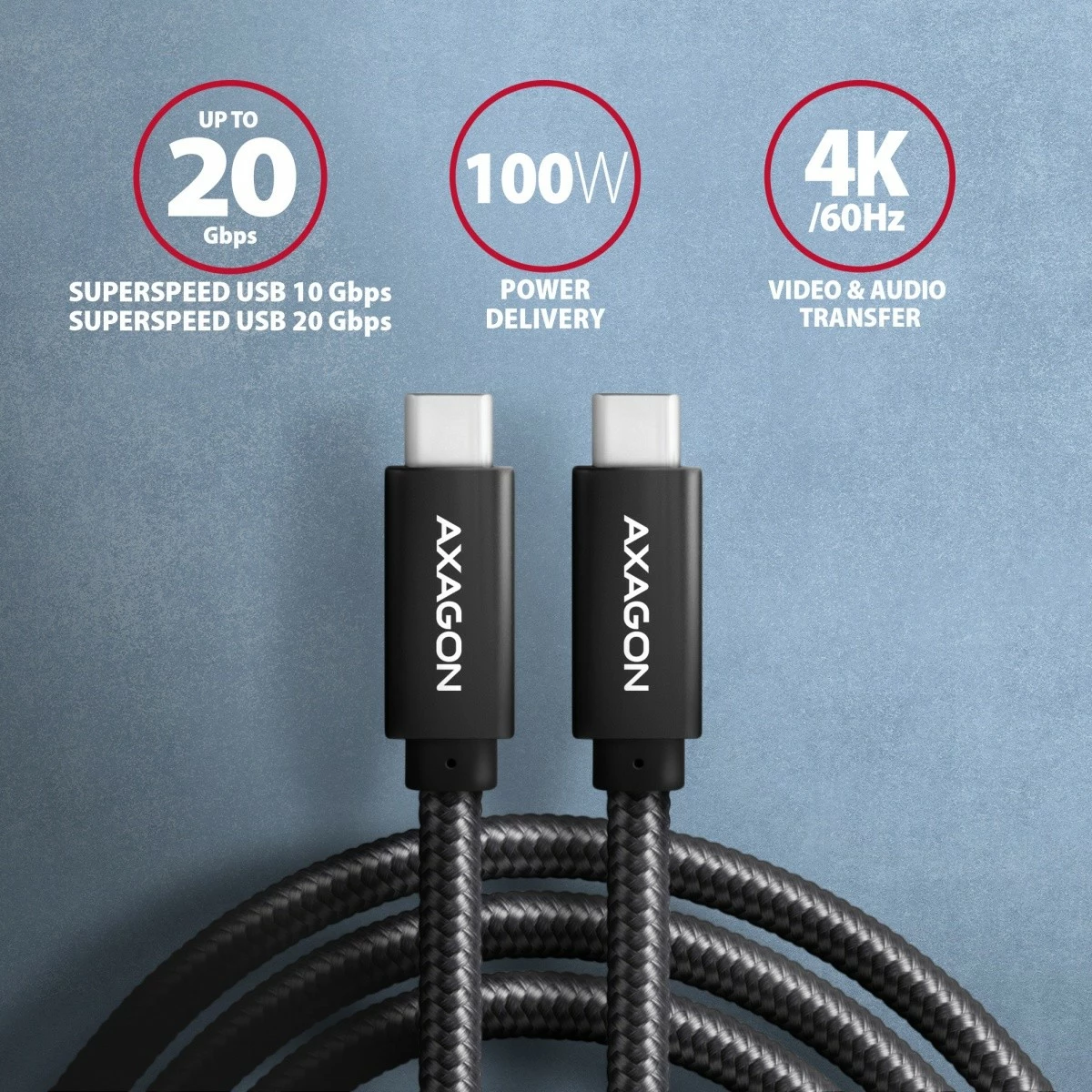 Kabllo USB-C në USB-C AXAGON BUCM32-CM10AB, 1m, 100W, 5A, 4K, e zezë