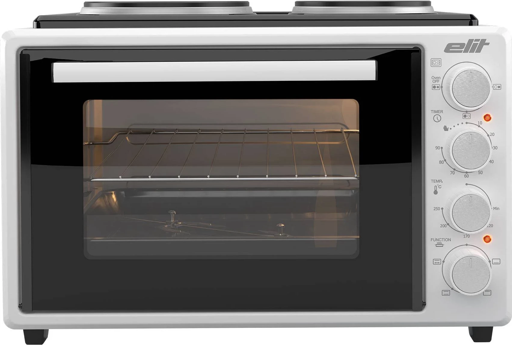 Mini furrë me dy plita, Elit OPTIDUO 35WH, 35 L, 1400 W, me shkop rrotullues dhe dritë, e bardhë