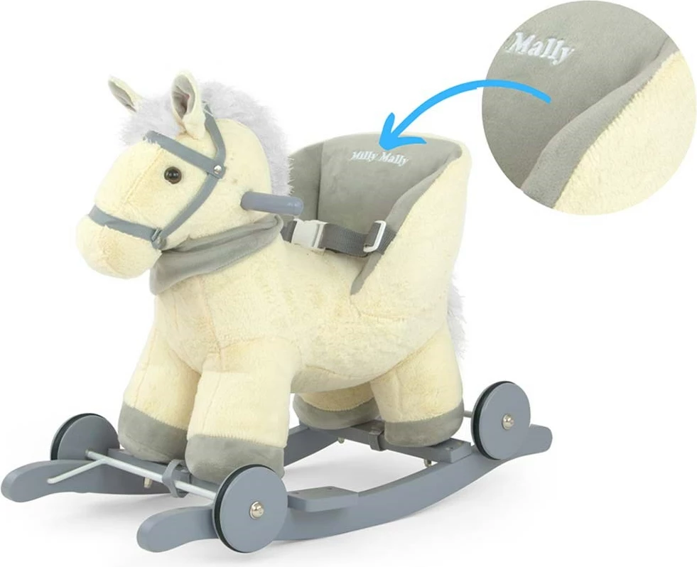 Kalë lëkundës 2-në-1 me melodi dhe rrota, Milly Mally, Polly, karrige me rripa sigurie, deri 30 kg, 12–36 muaj, bezhë
