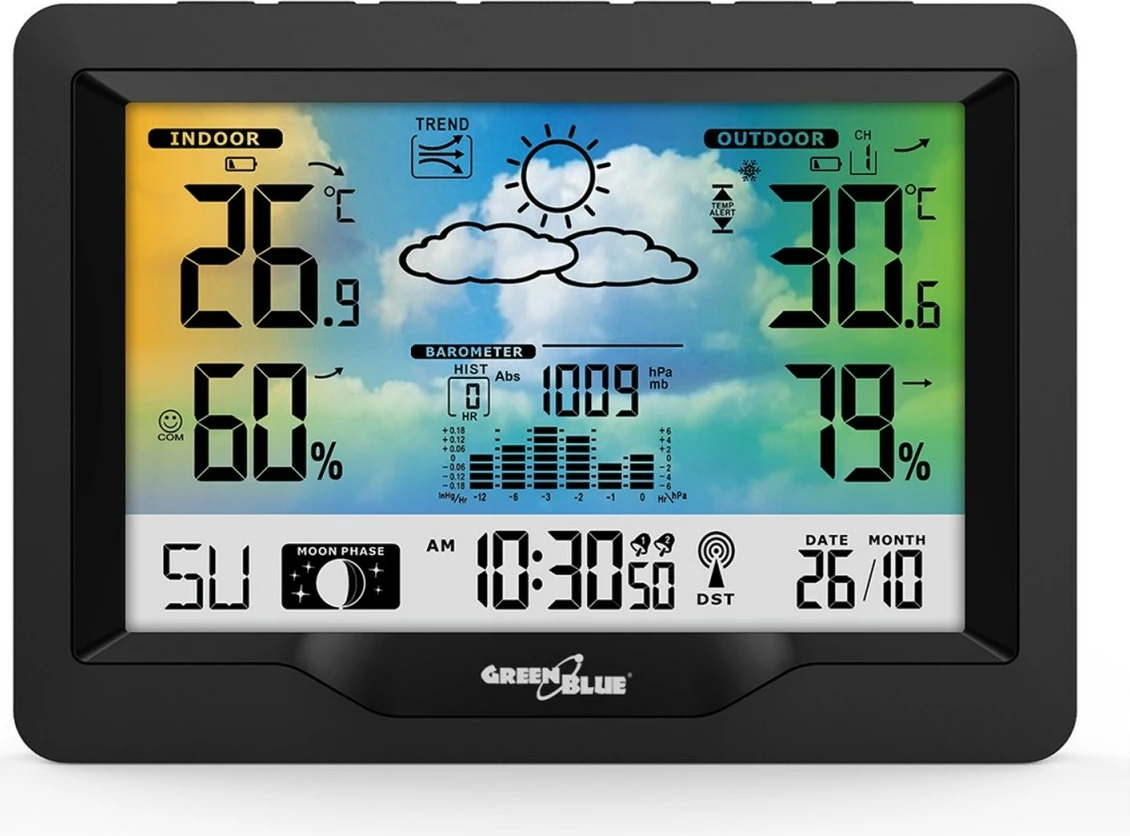 Stacion moti pa tela GreenBlue GB540N me indikator komoditeti, matje lagështie, fazat e hënës, orë DCF, zi