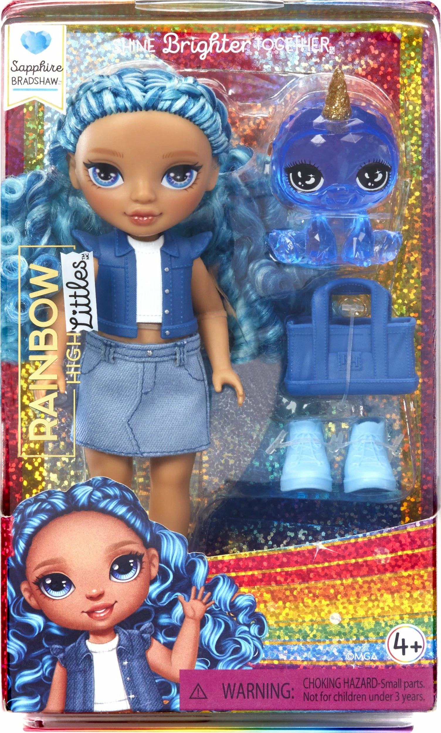 Kukull MGA Rainbow High Littles Sapphire, set me pet dhe çantë, blu