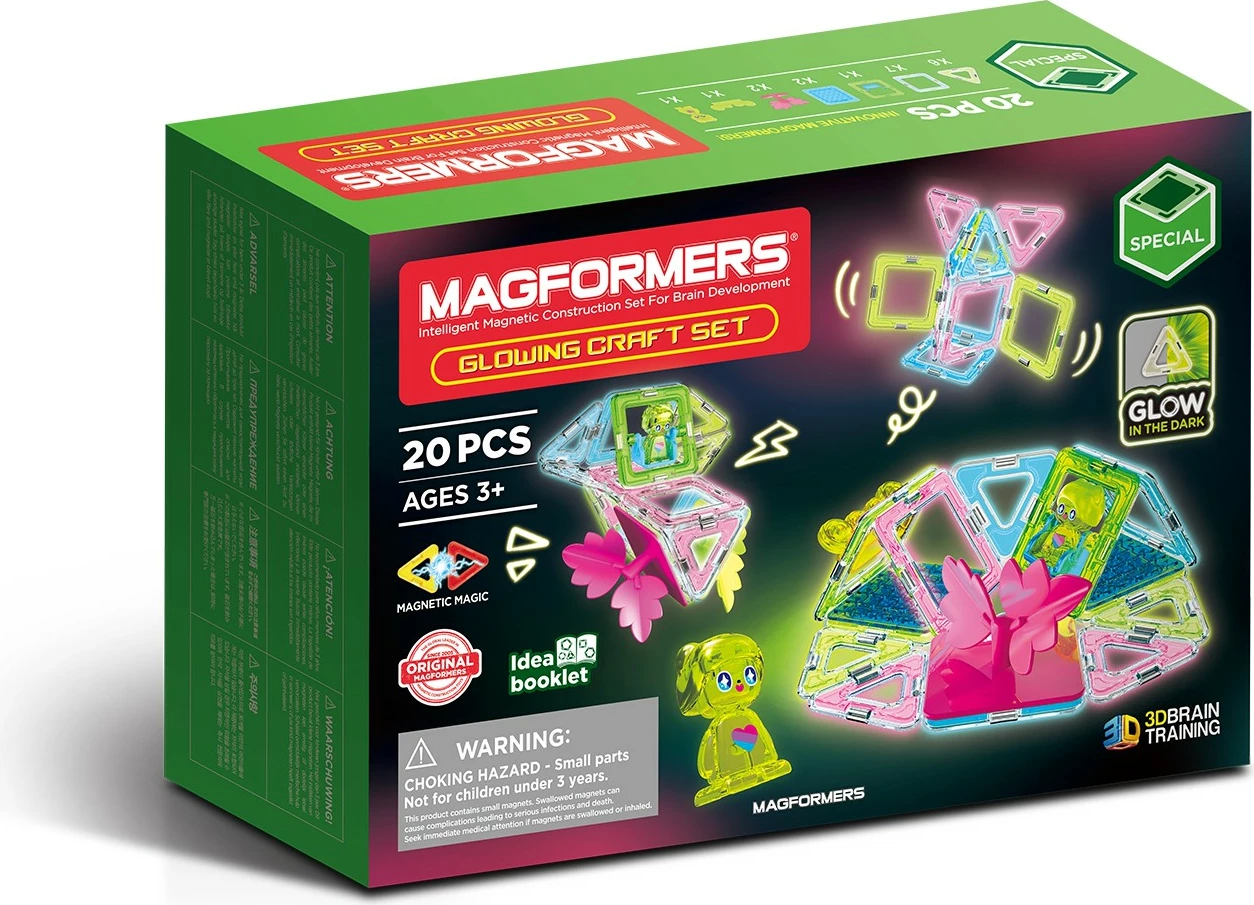 Set lodrash magnetike Magformers Glowing Craft 20 elemente, që ndriçojnë në errësirë