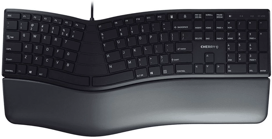 Tastierë, Cherry, KC 4500 ERGO (JK-4500EU-2), ergonomike me layout US-International, me mbështetëse kyçesh, e zezë