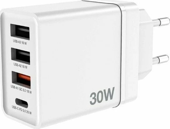Karikues muri Verbatim CHR-30EU2 (49701) 30W, 1x USB-C PD 20W + 3x USB-A (QC 3.0 18W + 2x 10W), prizë EU, i bardhë