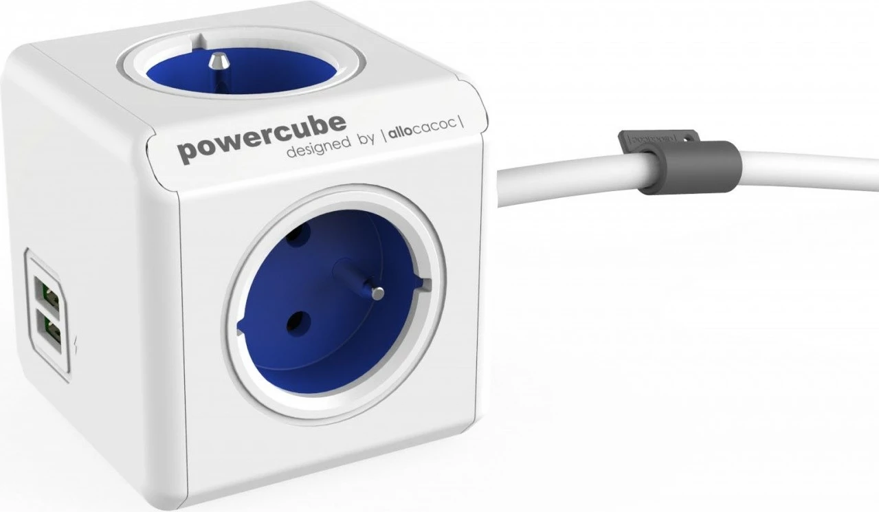 Zgjatues elektrik Allocacoc PowerCube Extended USB, 1.5m, 4 prizë, 2 USB, Bardhë/Blu