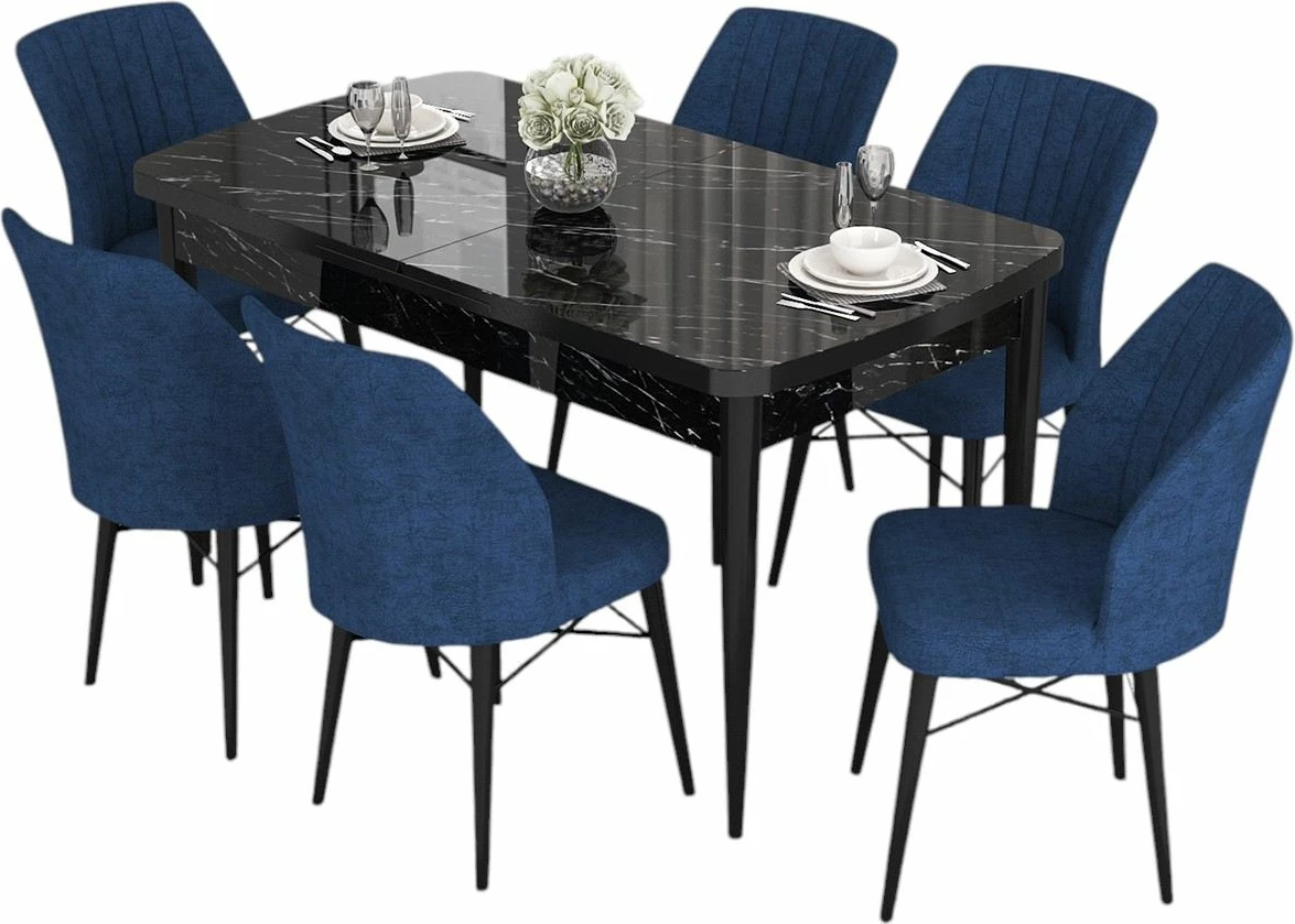 Tavolinë me karrige për ngrënie, e zgjatshme, 7 copë, ngjyrë mermeri të zi, karrige blu të errët, Skye Decor, Eva