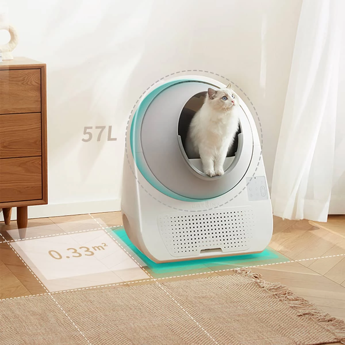 Kuti inteligjente vetëpastruese për rërë maceje Catlink Luxury Pro-X 57 L, 13 L depo mbetjesh, e bardhë, set me 3 qese + 2 filtra
