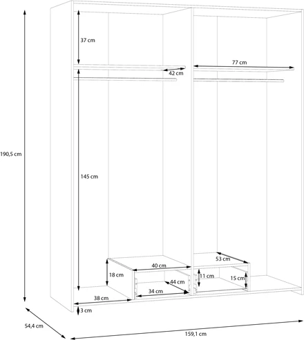 Dollap me katër dyer, Generiale,, melaminë, i bardhë, me 3 rafte gri, 159x54.5x190.5cm