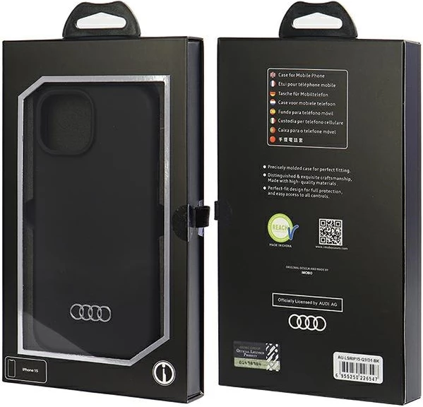 Mbështjellës Audi për iPhone 15, silikon, i zi