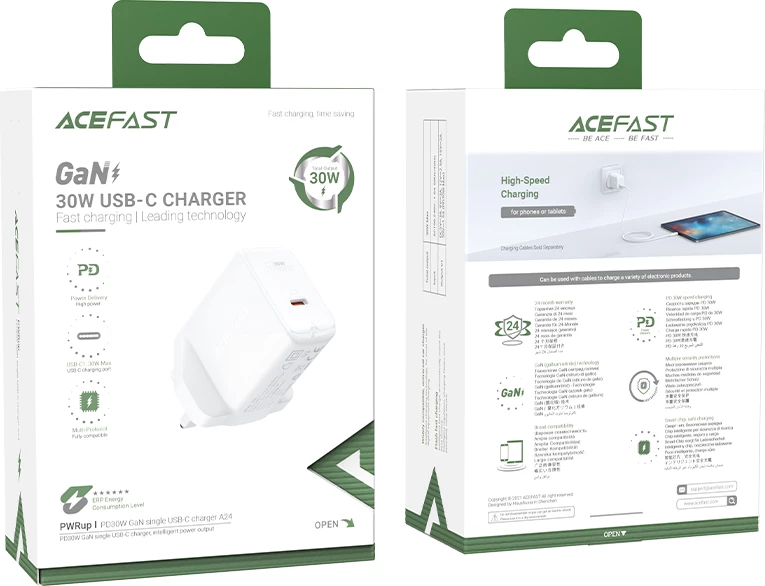 Karikues muri Acefast A24, USB-C, 30W, GaN, prizë UK, Bardhë
