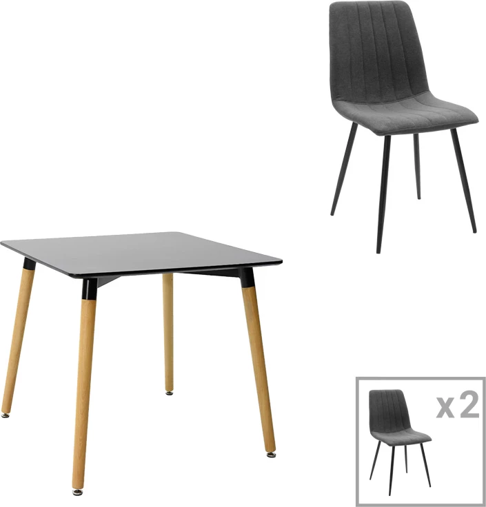 Set tavoline me dy karrige Natali-Noor, MDF i zi, këmbë natyrale, 80x80x76cm