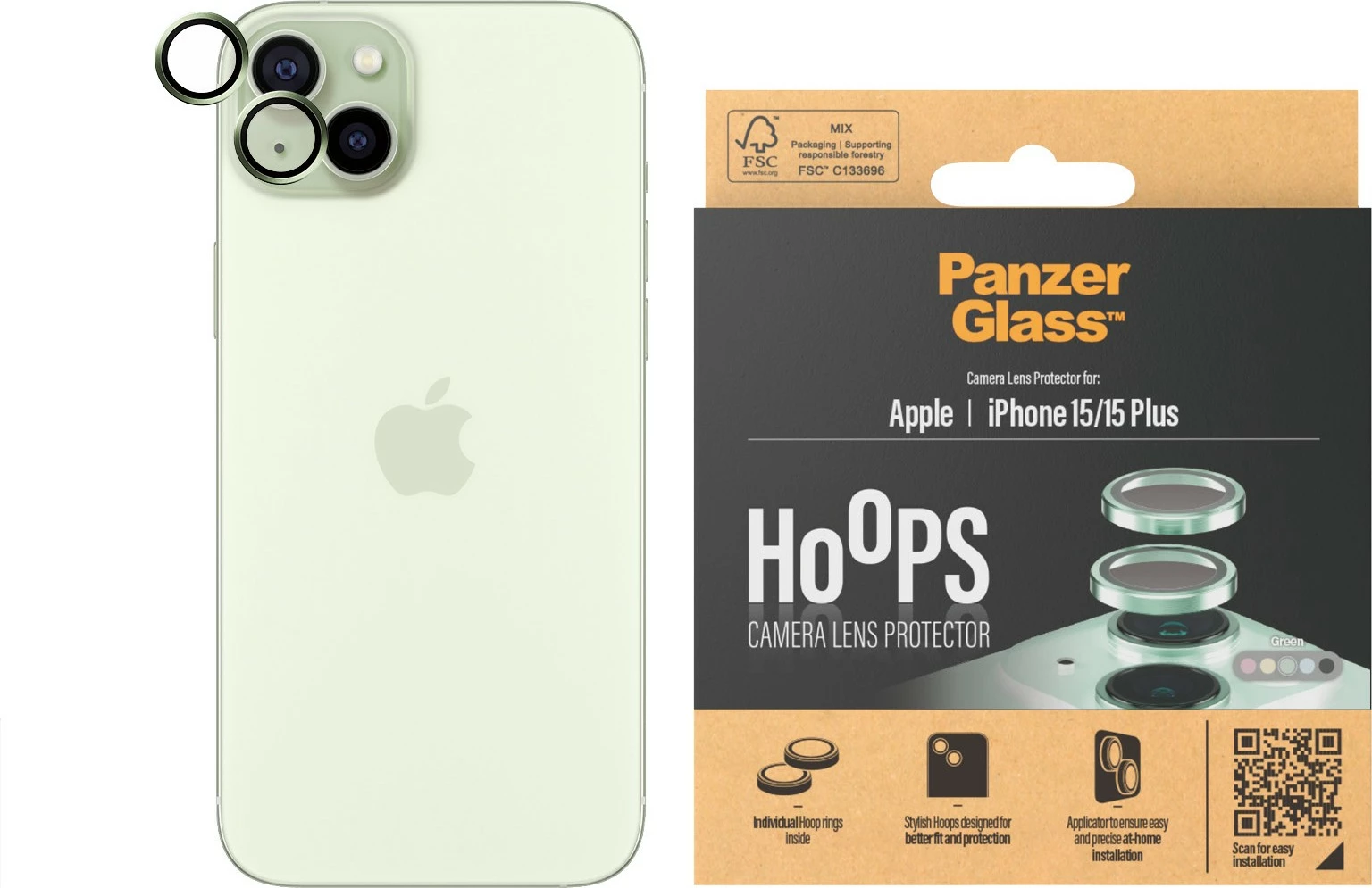 Mbrojtës kamere PanzerGlass Hoops për iPhone 15/15 Plus, e gjelbër