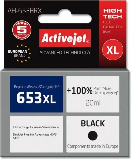 Kartrixh bojë Activejet AH-653BRX, zëvendësim për HP 653XL (3YM75AE), XL 20 ml, 720 faqe, 1 copë, e zezë