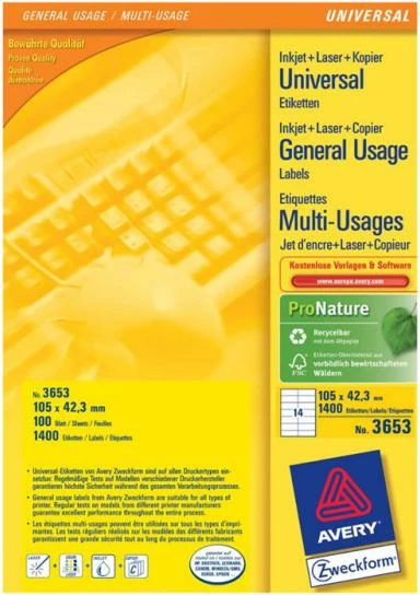 Etiketa vetëngjitëse, Avery Zweckform, 3653, 105 x 42.3 mm, A4, 100 fletë, të bardha