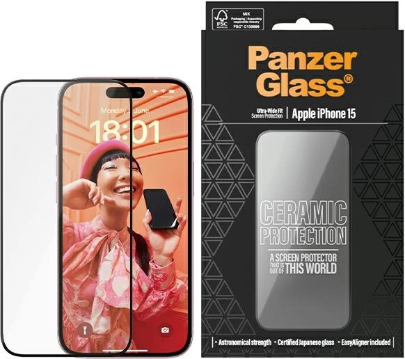 Mbrojtës ekrani qeramik PanzerGlass për iPhone 15 me pozicionues