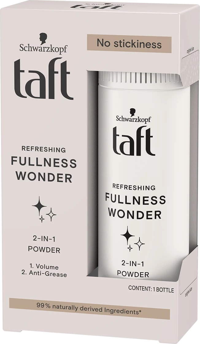 Pluhur për flokë Taft Fullness Wonder 2-in-1 për femra, 10g