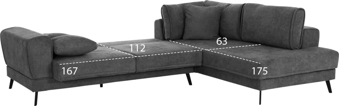 Këndare me shtrat, Zenora, kënd i djathtë, material stof ngjyrë gri e errët, FH3337.01R, 303x214x80cm