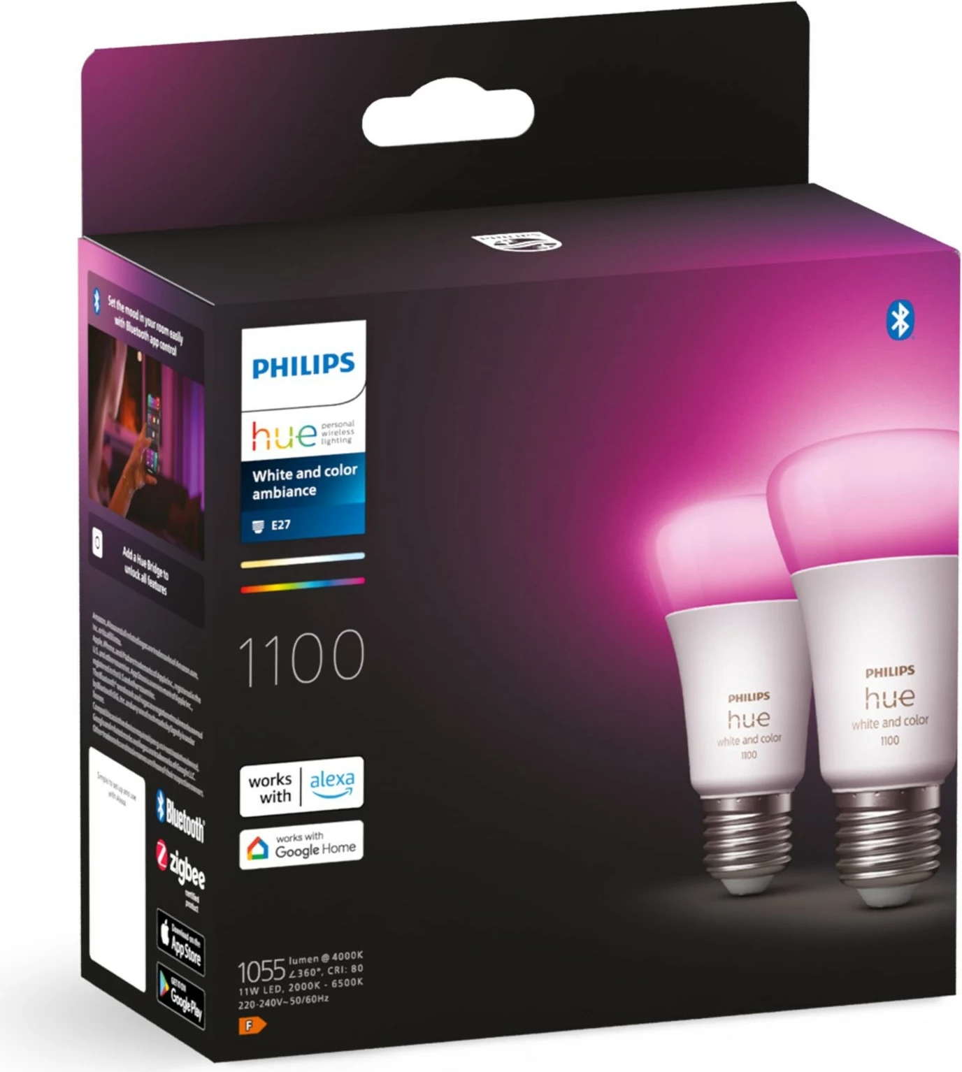 Llambë smart Philips Hue A60 E27, 1100, Bluetooth/Zigbee, e bardhë dhe me ngjyra
