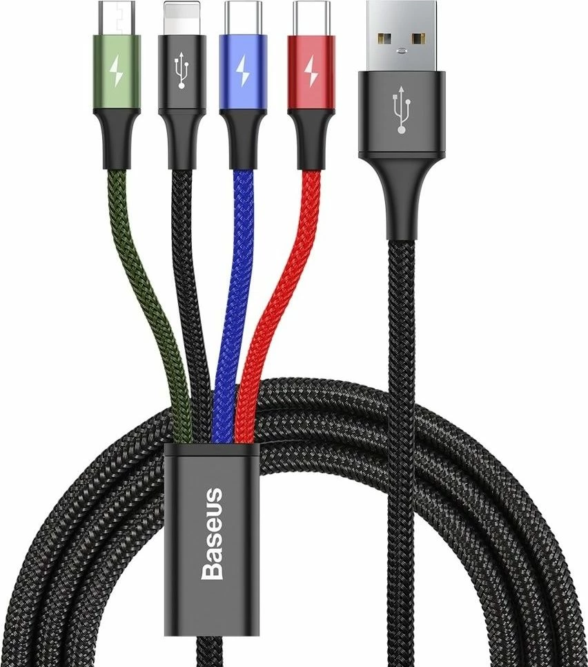 Kabllo USB Baseus CA1T4-B01 1.2 m USB-A në 2x USB-C + Lightning + MicroUSB, e zezë