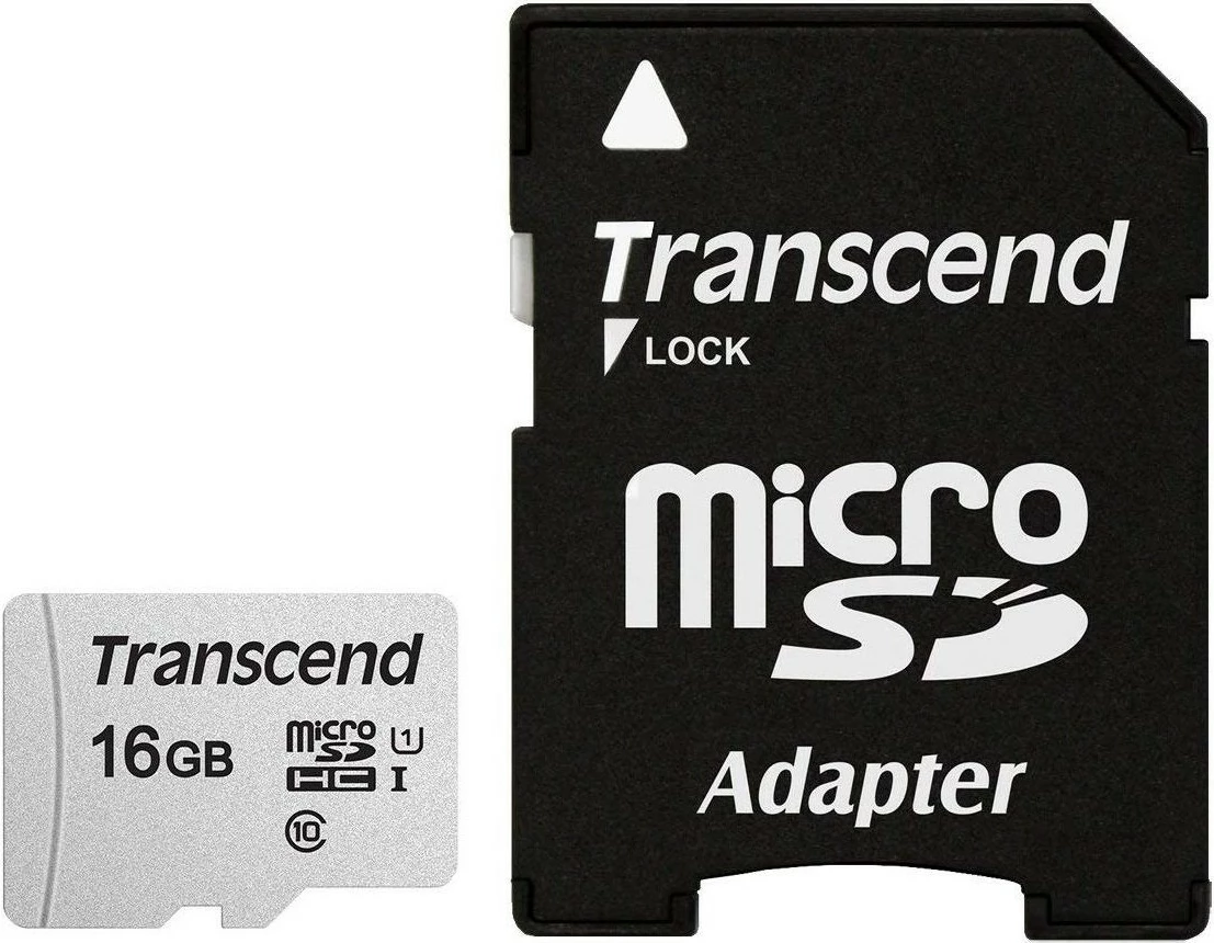 Kartelë memorie Transcend microSDHC 300S 16GB me adapter, Class 10, 95MB/s, argjend
