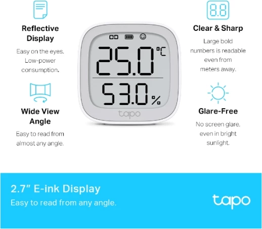 Sensor i mençur temperature dhe lagështie TP-LINK Tapo T315, ekran 2.7" E-ink, i bardhë, set me 2 bateri AAA