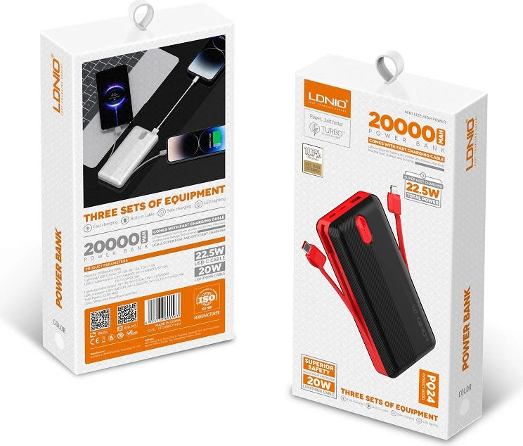 Power bank LDNIO PQ24 20000mAh 22.5W me 1x USB-A + kabllo të integruara USB-C/Lightning (1C1L), bardhë