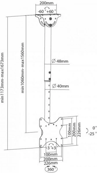 Mbajtës tavani për TV/monitor Techly 020614, 23-42 inç, 50kg, i zi