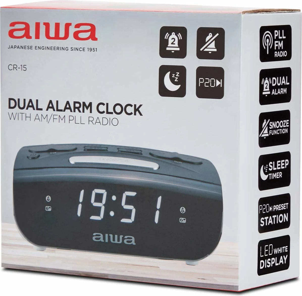 Orë alarmi me radio Aiwa CR-15, MW/FM PLL, dual alarm, ekran LED 0.6", e zezë