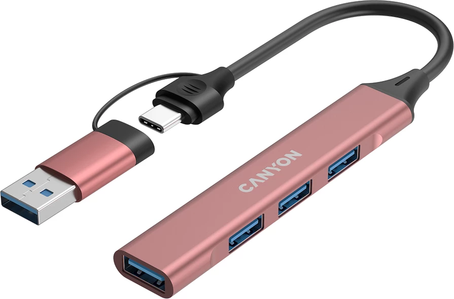 USB hub CANYON DS-02 4në1 USB-C në 4x USB-A (1x USB 3.0 + 3x USB 2.0), kabllo 15 cm, rozë