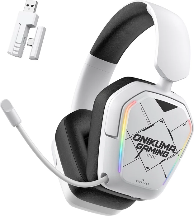 Kufje me mikrofon gaming, ONIKUMA GT883, Bluetooth wireless + dongle USB, LED RGB, on-ear, të bardha