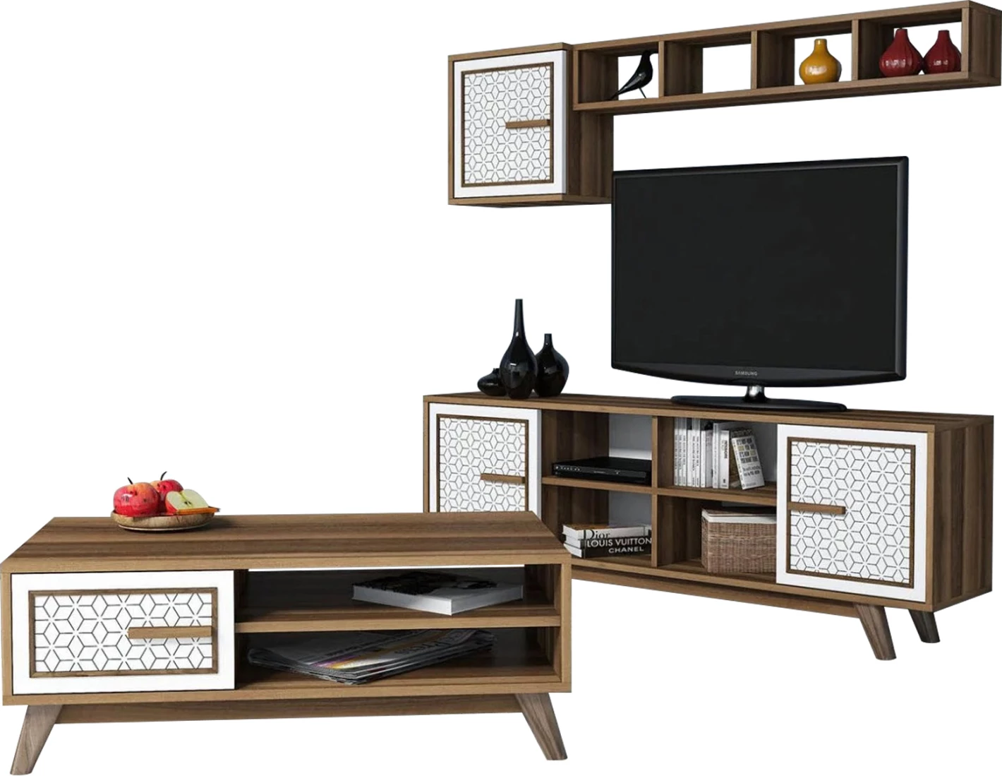 Kompozim për dhomë ndeje, FH11852.03, 2 pjesë, melaminë, ngjyrë arre-bardhë