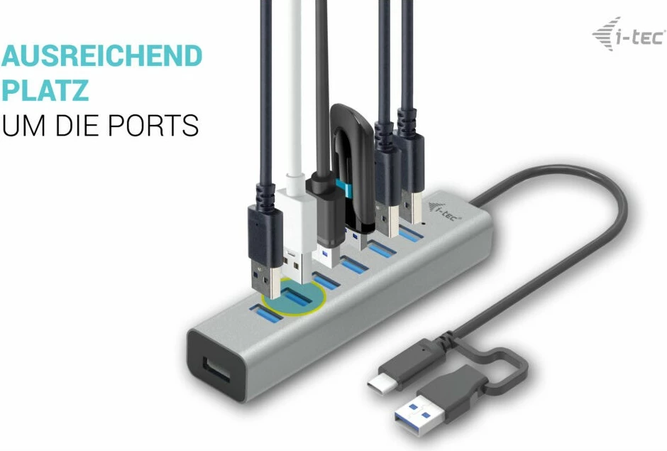 USB HUB I-Tec 7 porta, USB 3.2 Gen 1, 5000 Mbit/s, metalik, 0.3m, gri