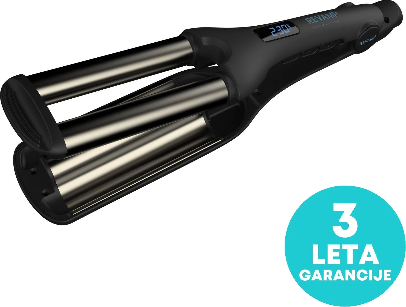 Hekur valëzues për flokë Revamp Progloss Wave Define WV-1750, triple 19 mm, 80–230°C, zi/argjendtë, me dorezë termike
