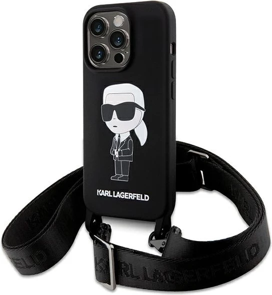 Mbështjellës Karl Lagerfeld KLHCP15XSCBSKNK për iPhone 15 Pro Max 6.7", silikoni, me rrip, zi