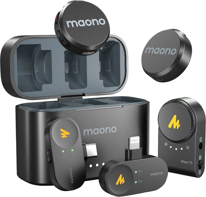 Mikrofon wireless Maono WM650 A3 me dy transmetues dhe tre marrës, me kuti karikimi, i zi