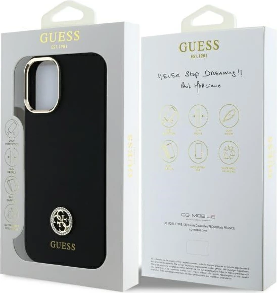 Mbështjellës Guess Silicone Logo Strass 4G për iPhone 16, i zi