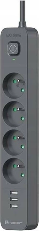 Prizë me mbrojtje Tracer Power Line+ TRALIS47027, 4 dalje + 3x USB A, 1.5m, Grafit