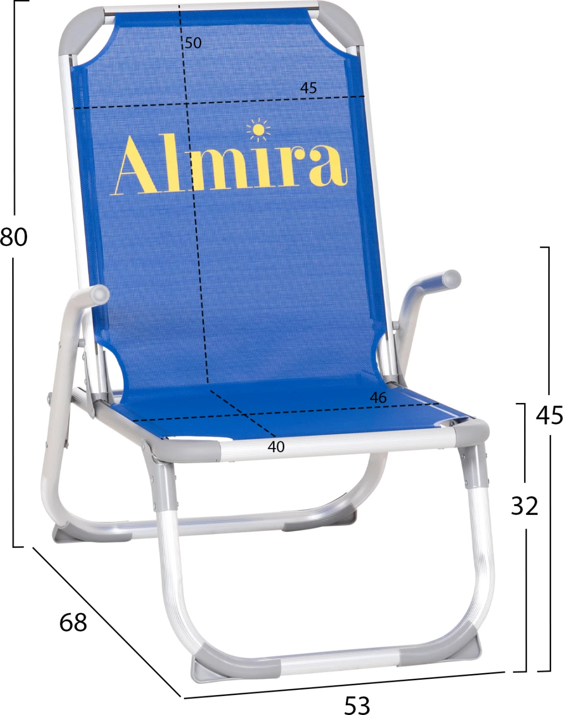 Karrige plazhi e ngritur, alumin i fortë, Almira FH6431.01, tekstilene blu, 53x68x80cm